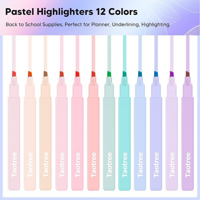 Taotree 12Pcs Aesthetic Cute Highlighters Assorted Colors, Back to School | Bible Highlighters and Pens No Bleed, Chisel Tip Pastel Markers Pens for Journaling, School Supplies, Office Desk Accessories