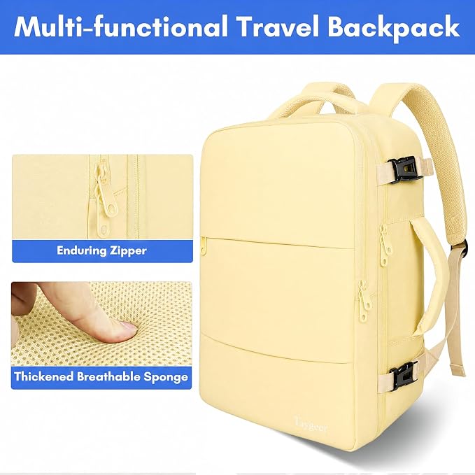 Taygeer 35L Personal Item Travel Backpack for Women, Carry on Backpack | Airline Approved Travel Bag, Laptop Bag with Water Bottle Pocket & Shoe Pouch, Mochila for College Weekender, Beige Yellow