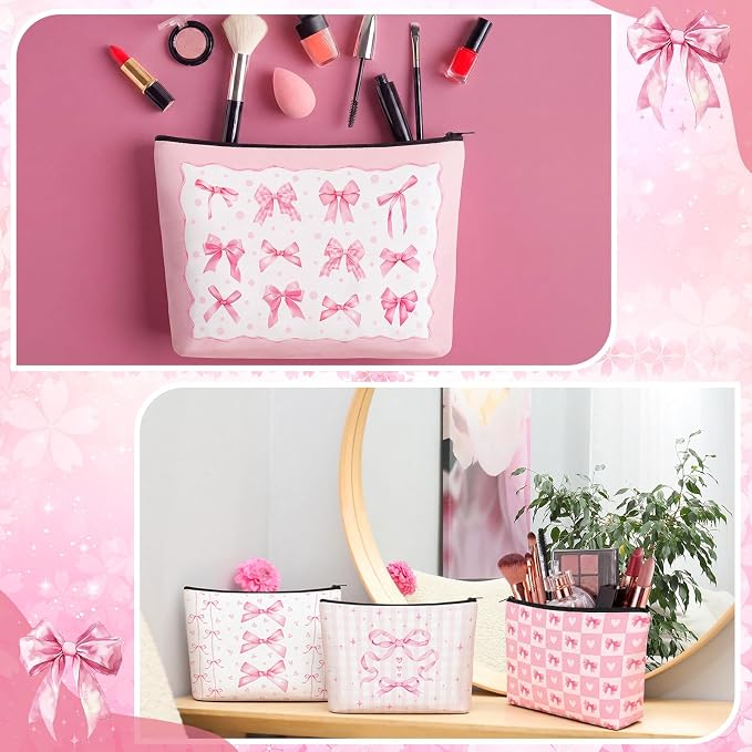 Reginary 24 Pcs Pink Bow Makeup Bags Coquette Bow Cosmetic Bags with Zippers Coquette Party Favors Pink Aesthetic Elegant Pouch Bulk Gifts for Women Stuff Christmas Birthday Supplies Travel Accessory