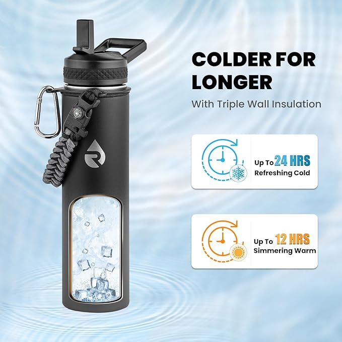 RAYMYLO Insulated Water Bottle 24oz, Triple Wall Vacuum Stainless Steel (Cold for 24Hrs, Hot for 12Hrs), Leak Proof & Non-BPA, 24oz Hydro Water Flask with Paracord Handle & Straw Spout Lids