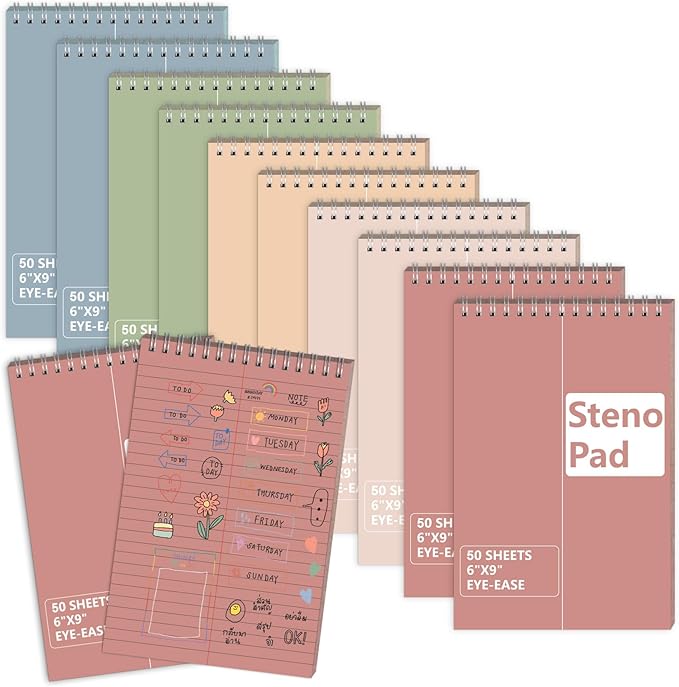 10 Pack 6X9 Pastel Steno Pads Gregg Ruled Spiral Notebook Top Spiral Notepad Colored Steno Pads Pastel Colored Notepads Color Paper 50 Sheets for School College Office(Red Pink Blue Green Flesh)