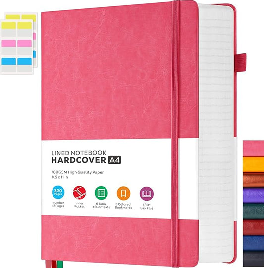 FOCUS DAY Lined Journal Notebook for Women/Men Writing Work, 320 Pages A4 Large Notebook notepads 8.5 x 11 for Note Taking, Hardcover Leather Journal, 100Gsm Thick Paper, Pink