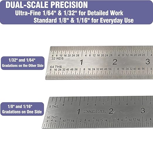 12 Inch Machinist Ruler Set - 2 Pack Stainless Steel Precision Double Sided Ruler with 1/64, 1/32, 1/16 & 1/8 Inch Graduations, Etched Markings - for Engineers,Woodworking and DIY (2, 12 Inch)