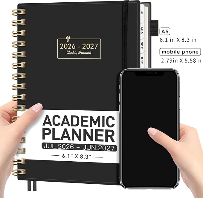 AHGXG Academic Planner 2026-2027, July 2026 - June 2027, Weekly and Monthly, 5.7" x 8.3", for Women, Teacher, Student, School, 12-Month Tabs, Flexible Plastic Cover (Black)