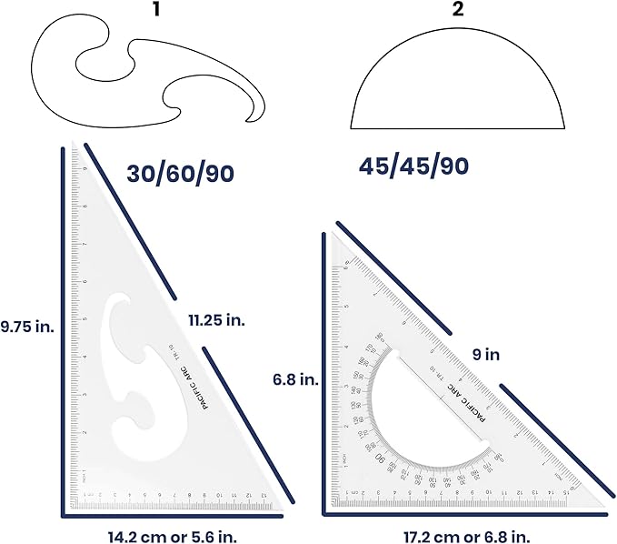 Pacific Arc - Triangle Set 10 Inch 30/60 & 45/90 - Student, Professional or DIY use. - 2 Pack