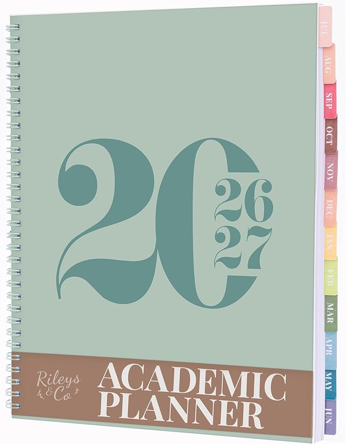 Rileys Academic Planner 2026-2027, Daily, Weekly & Monthly Planner, July 2026 - June 2027, Student Notes Pages, Twin-Wire Binding, Weekly Agenda for School & Work (8.5 x 11-Inches, Typographic, Green)