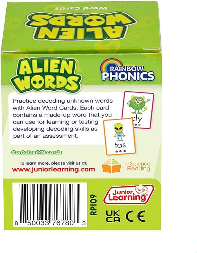 Junior Learning: Rainbow Phonics - Alien Words - 148 Word Cards, Flash Cards with Made Up Words to Help Learn Phonics, Level Based Cards, Kids Ages 4+