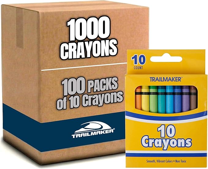 Trail maker 100 Pack Crayons Bulk for Kids, Classroom - Wholesale Bright Wax Coloring Crayons Party Favors in Bulk, 10 Per Box Art Set