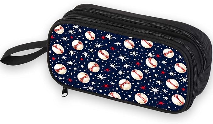 Firmiso Kids Pencil Case, Baseball Star Pattern, Large Capacity Double Zipper Pencil Pouch with Compartments, Durable Polyester School Supplies Organizer, Pen Bag for Boys Girls Students