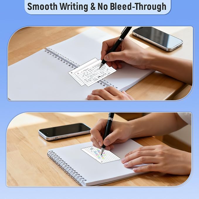 200 Count 3 x 5 Inch White Index Cards with Binder Rings, Lined & Blank Study Cards, Thick Cardstock Flash Cards for Students & Teachers, Color-Coded Notecards for School, Home, Work