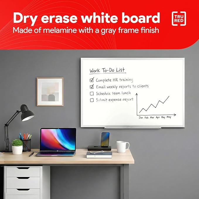 Staples TRU RED Melamine Whiteboard | Dry Erase Board for Wall, White Board with Gray Aluminum Frame, 3 ft x 2 ft