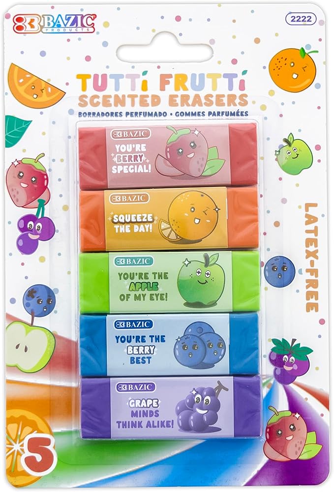 BAZIC Products Scented Erasers, Latex Free, Assorted Fruity Scents, Cute Fun Fruit Eraser Classroom Must Haves for Drawing Art School Office (5/Pack), 1-Pack