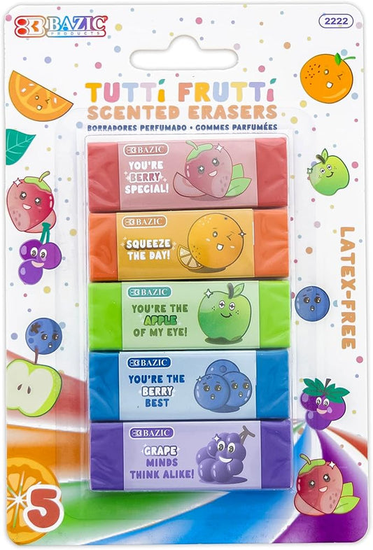 BAZIC Products Scented Erasers, Latex Free, Assorted Fruity Scents, Cute Fun Fruit Eraser Classroom Must Haves for Drawing Art School Office (5/Pack), 1-Pack