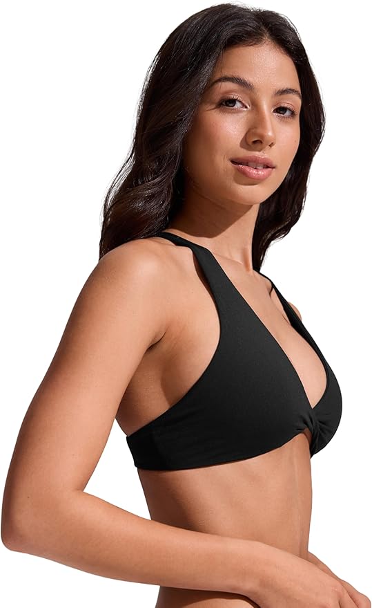 CRZ YOGA Twist Front Bikini Tops for Women - Padded V Neck Criss Cross Back Triangle Sexy Swim Bathing Suit