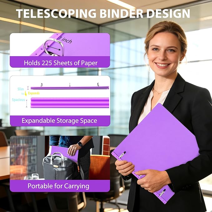 WOT I 12-Pack 1 Inch Telescoping 3 Ring Binder, Expandable Flexible Binder - Patented Design for Easy Portability, Holds 8.5"x11" Paper, Assorted Colors, School Office Supplies