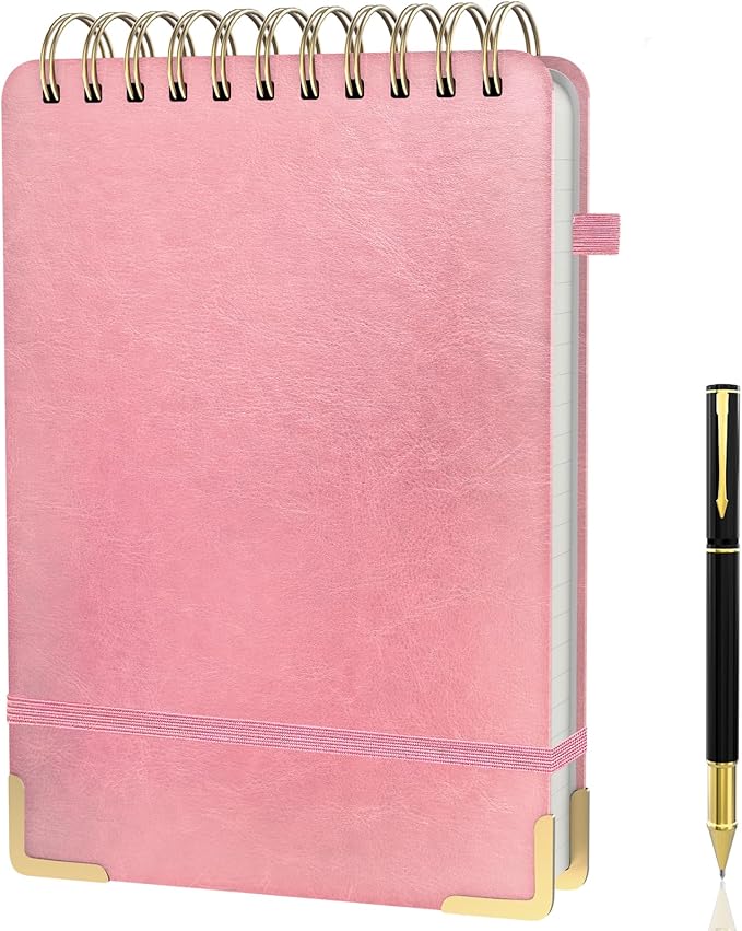 A5 Top Spiral Notebook, Large Leather Hardcover Top Bound Steno Pads, 240 Pages 100 gsm Thick Lined Paper Left Handed Notebook Journal for Work, School, Meeting Writing - Pink, 5.9" x 8.5"