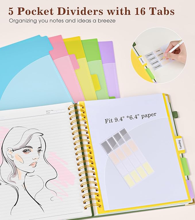 Hardcover Large Spiral Notebook journal with Removable Dividers Tabs, 300 pages Leather 5 Subject Notebook College Ruled, 8" x 10"Journal for Women Men, Notebooks for Work School Note taking,B5 Green