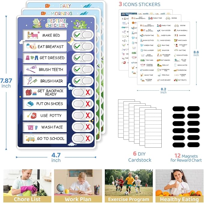 Upgraded 2 in 1 Bedtime/Morning Routine Chart - Magnetic Chore Chart for Toddlers, Cute Visual Schedule Board for Home, Kids Checklist to Do List ADHD Tools