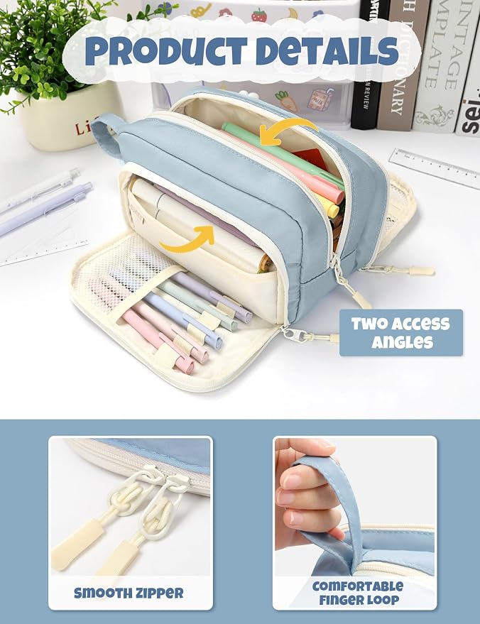 SUNEE Large Pencil Case, Big Capacity Pen Pouch with 3 Compartments, Kawaii Cute Pencil Bag with Zipper, High Storage Stationery Holder and Organizer, School Supplies for Teen and Adult Girls, Blue
