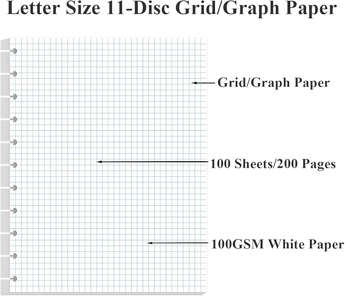 (3-Pack) A4 TUL Discbound Grid Filler Paper - 11 Disc Graph Paper, Letter Size 300Sheets / 600Pages Loose-Leaf Paper, 100gsm White Paper, 8.5'' x 11''