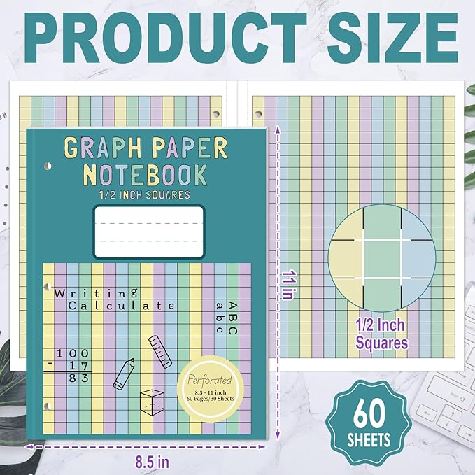 2 Pack Colored Graph Paper Notebook 8.5"x 11" Large Square Graph Paper for 3 Ring Binder 1/2 Inch Squares Math Grid Notebook 3 Hole Punch Graph Writing Paper for Kids School Dyslexia Dysgraphia