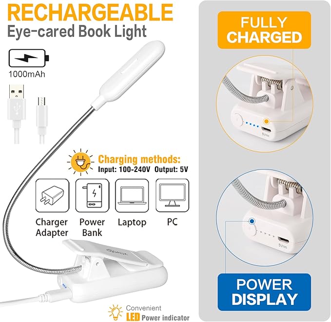 VAVOFO Clip On Rechargeable Reading Light, 7 LEDs with 3 Colortemperature 9 Brightness Levels Book Lights for Reading in Bed with Power Indicator for Bookworms Black (2-Pack White)
