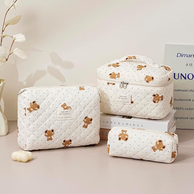 uekeboag Large Travel Quilted Makeup Bag for Women | Soft Floral Cotton Cosmetic Bag, Foldable Coquette Aesthetic Toiletry Organizer
