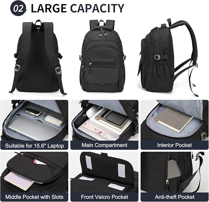 Aesthetic Daypack Backpack, Water-Resistant 15.6" Laptop Backpack for Women and Men, Featuring Touch-Fastener and Anti-Theft Pockets (Black)