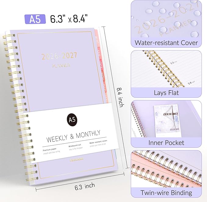 Aug 2026 - Dec 2027 Planner, Forvencer 17 Month Academic Planner 2026-2027, 6.3" x 8.4", Calendar Planner Weekly and Monthly, Daily Agenda Book, College School Supplie for Student Teacher, A5, Purple