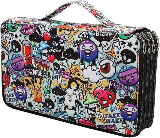 Portable Colored case Organizer 103 Larger individual slots hold 300 pcs Pencils with Printing Pattern for Watercolor Pens or Markers, Pencil Case Organizer for Artist