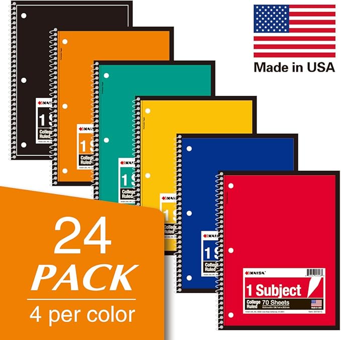 Kaisa 1 Subject Spiral Notebooks, 70 Sheets 6 Vibrant Color Options, 4 Pads Per Color – Abundant Stock for All Your Needs College Ruled 10.5"x8" Paper, Note Books Home School Supplies for Students Office, 1Carton of 24pcs