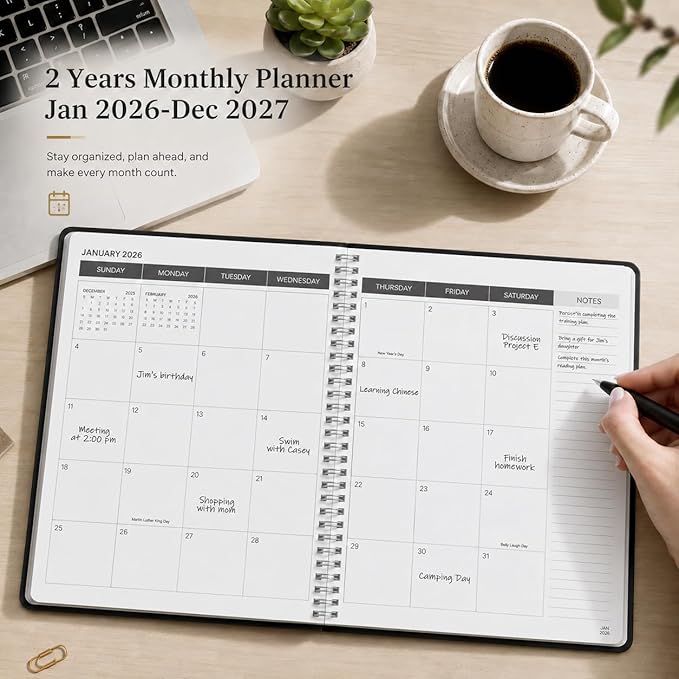 Monthly Planner 2026-2027, 2026 Calendar 24 Months Planner, Jan 2026 - Dec 2027, 8.6" x 11", Academic Calendar Hard PVC Cover with Spiral Bound, Perfect for School & Office for Women & Men