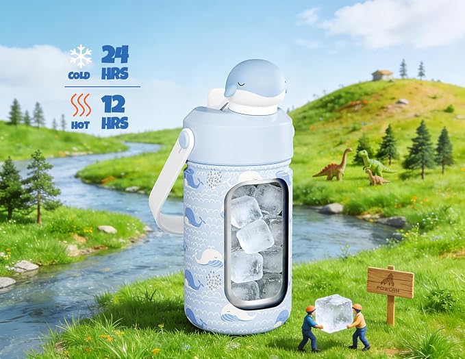 POWCAN 12 oz Kids Water Bottle for School: 2-in-1 Straw Spout Lid with Soft Animal Head, Leakproof, Backpack Friendly, Keep Cold 24H, Insulated cup for Sports, Playground, Holiday Gift (Whale Splash)