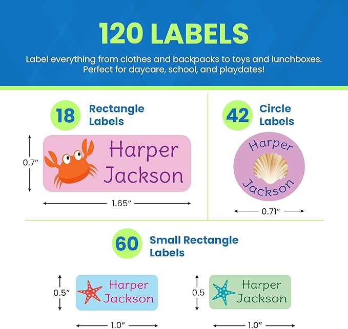 120-ct Personalized Waterproof Name Labels – 3-Line Custom Stick-On Tags for Daycare & Camp – Dishwasher-Safe, Cute Pastel Designs, Pre-Cut