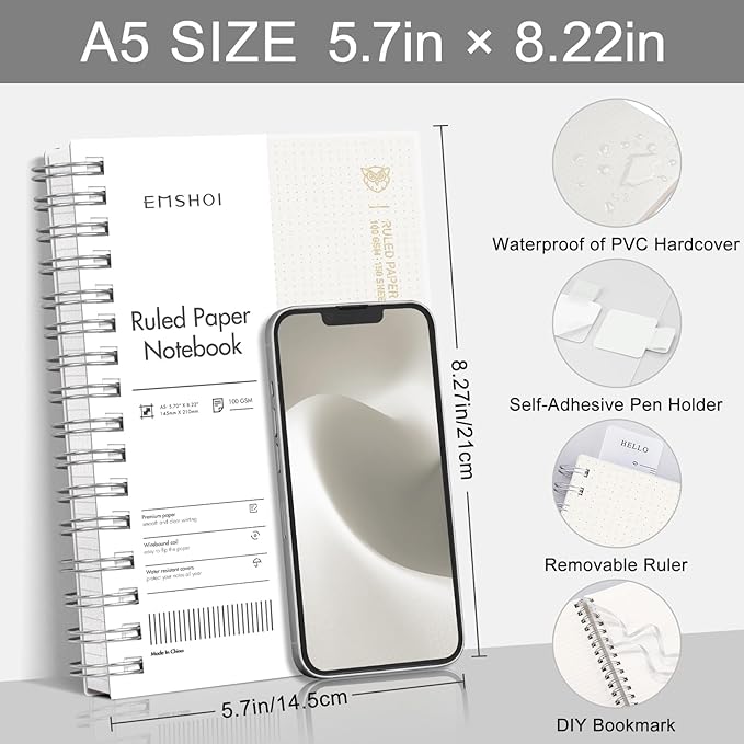 EMSHOI Lined Spiral Journal Notebook, A5 College Ruled Notebook, 300 Pages/150 Sheets, 100gsm Acid-Free Paper, Waterproof Softcover Notebook for School, Work, Note Taking, 5.7" × 8.22" - Transparent