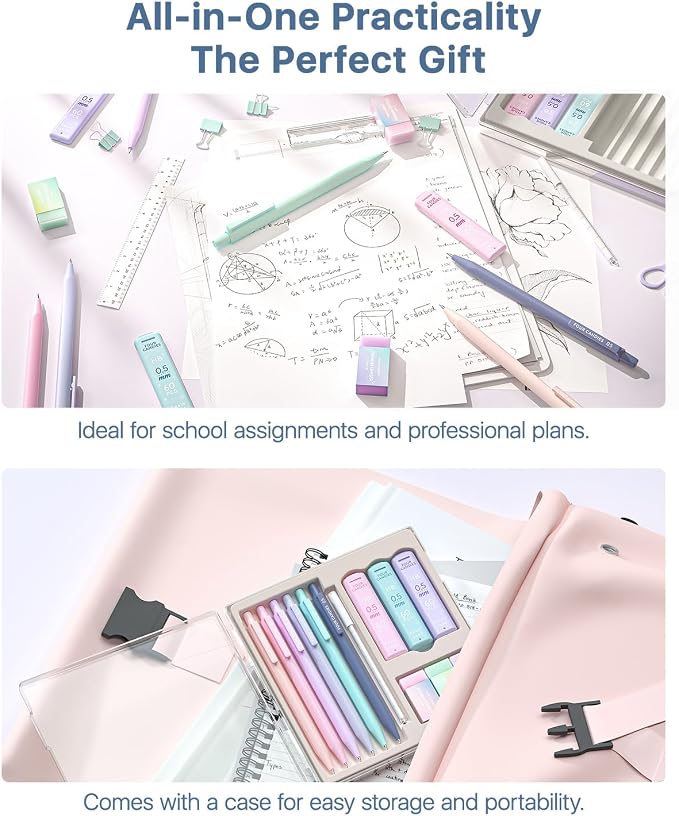 Four Candies Cute Mechanical Pencil Set, 0.5mm Fine Point, 6-Count Pack | 360 HB/2B Leads, 3 Erasers, 9 Eraser Refills, Storage Case, Pastel Barrels, Triangular Grip, for School Note Taking, Exams