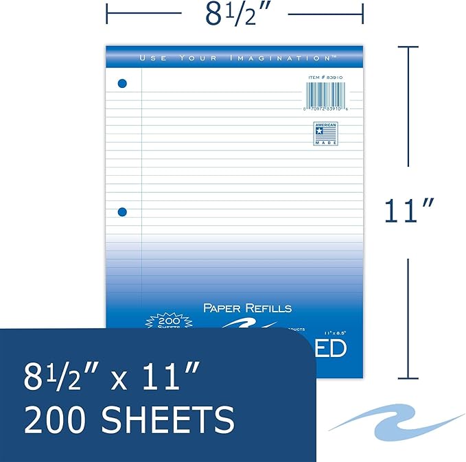 Roaring Spring Loose Leaf Paper, 200 Sheets Per Pack, 8"x11" White 15# College Ruled Notebook Filler Paper With Margin, 3-hole Punched, Proudly Made in the USA (Pack of 12)