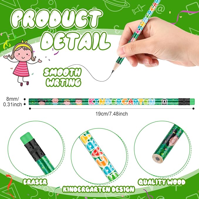 Spakon 48 Pcs Kindergarten Pencils for Kids Girls Cute Kindergarten Pencils Kindergarten Here I Come School Supplies for Classroom Reward Party Favor with Erasers