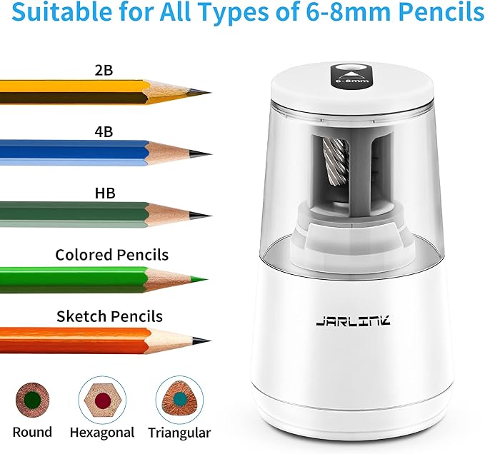 JARLINK 2 Pack Electric Pencil Sharpener, Heavy-Duty Helical Blade to Fast Sharpen, Auto Stop for No.2/Colored Pencils(6-8mm), USB/Battery Operated in School Classroom/Office/Home