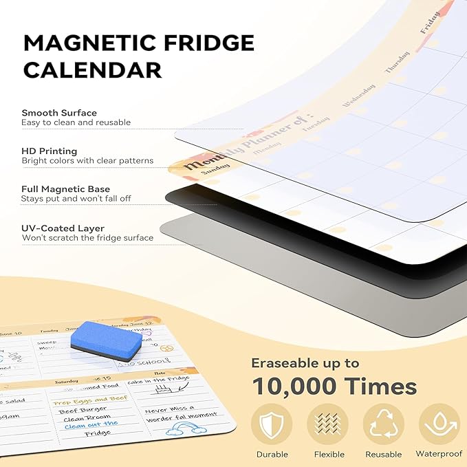 Marsrock Dry Erase Magnetic Calendar for Refrigerator (3 Pack) - Monthly & Weekly & Daily Planner Magnet Whiteboard for Fridge - Shopping, to Do List, Meal/Menu, Planning Board, 14"x11", Yellow