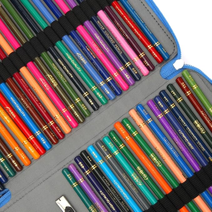 Vomgomfom 200 Slots Pencil Bag, 4-Layer Zipper Portable Art Supply Organizer, PU Leather Large Capacity Colored Pencil Case with Handle for 200 Watercolor Pens, Gel Pens (Blue Flower)