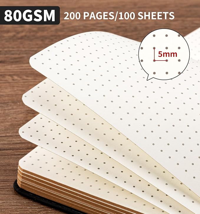 Dotted Journal Notebook, A5 200 Pages Leather Journals For Writing Women & Men Travel,Business,Work & School, College Ruled Notebooks Hardcover Journaling Notebooks Daily Diary, 5.7'' X 8.3''-Black