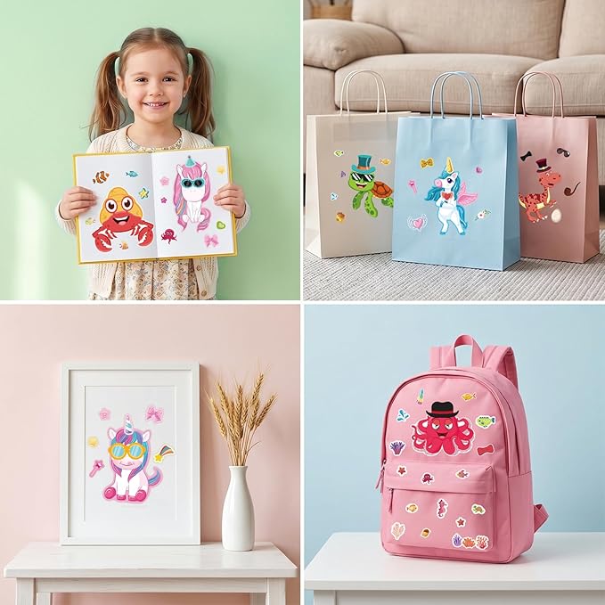24 Sheets 8.27''×5.9'' Make Your Own Stickers for Kids Toddlers, Make a Face Stickers Mix and Match with Unicorns Dinosaur Horse and Sea Animals for Kids Party Favors Activities