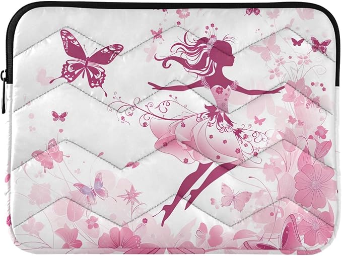 Butterfly Floral Fairy Laptop Sleeve Case Quilted Slim Bag with Smooth Zipper, Fits MacBook Pro/Air and 13-16 Inch Laptops, Protective Lightweight Office and Travel Briefcase