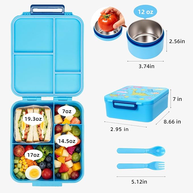 Kids Lunch Box with 12oz Insulated Food Jar, Leak-Proof Bento Box for Kids | 4 Compartments for Hot & Cold Food, Easy-Open School Lunch Container for Boys & Girls