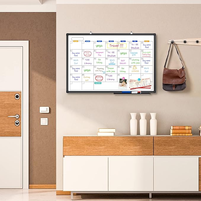 Magnetic Dry Erase Calendar Whiteboard for Wall 36"x24", Monthly White Board Calendar Dry Erase Wall Hanging Aluminum Frame with Tray for Home, School, Office