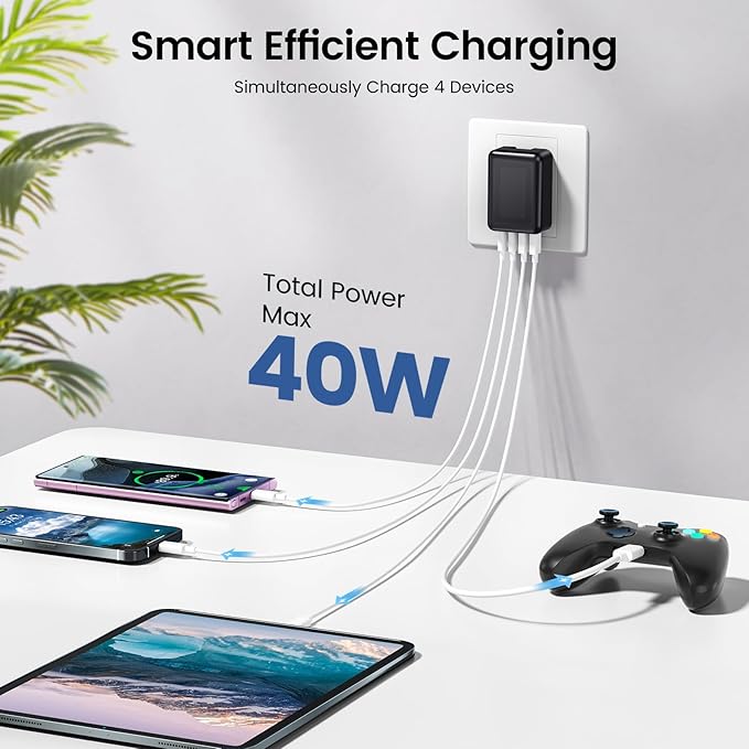 2Pack 40W Flat USB C Wall Charger, 4Ports Foldable & Slim Fast Charging Blocks, Multiport Type C Cube Box Power Adapter Plug, Boxeroo USB C Charger Block Brick for iPhone Samsung Tablet