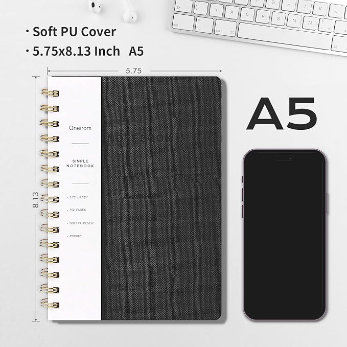 Spiral Notebook-5.75" x 8.125" College Ruled Journal with Inner Pockets and 160 Pages,PU Leather Cover Business Journal, Twin-Wire Binding Notebook Perfect for Office & Home School Supplies 3 pack Black