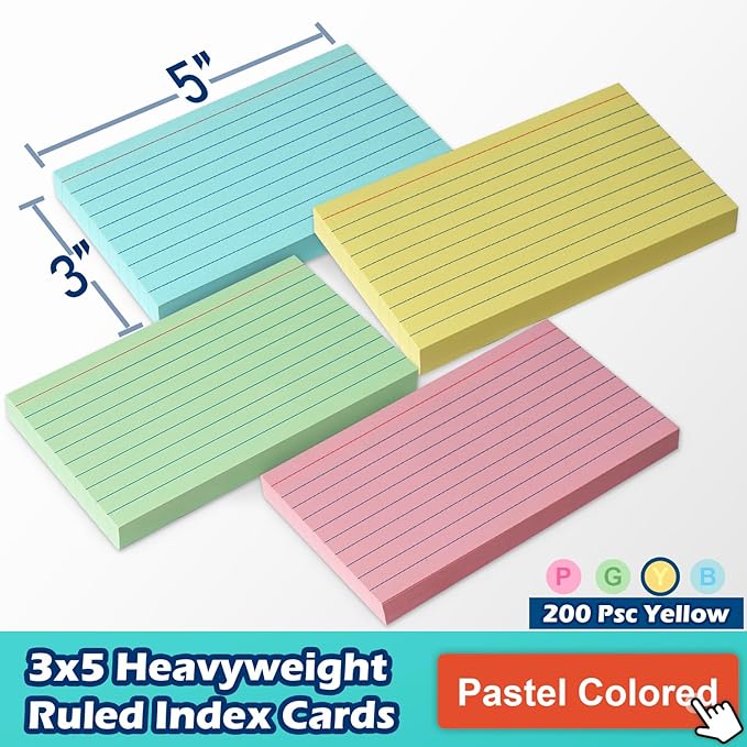 Yellow Lined Index Cards 3x5 Ruled Note Cards 200 Count, 180 GSM Heavy Weight