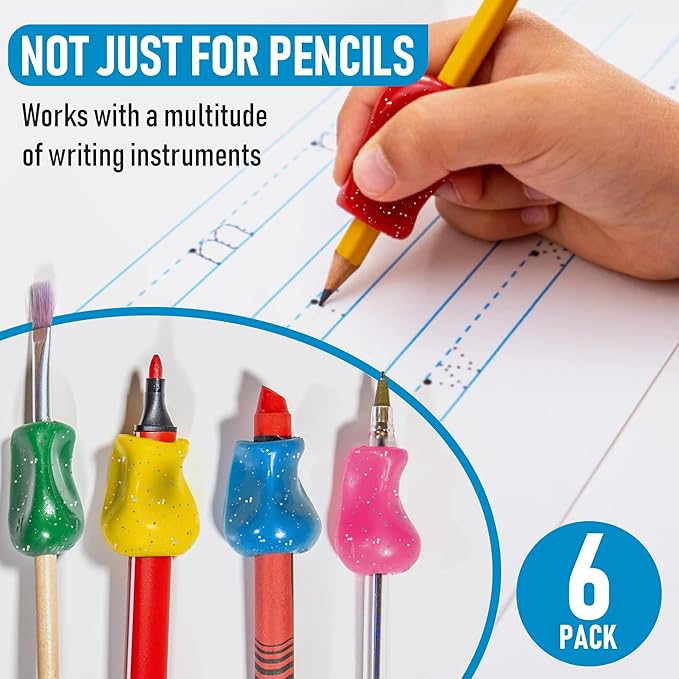 The Pencil Grip Glitter Pencil Grippers 6 Pcs, Pencil Grips for Kids Handwriting, Ergonomic Pen Grip for Righties & Lefties, Pencil Holder for Kids, Toddlers, Adults, Writing Tool with Finger Cushion